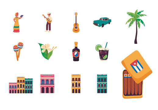 Colorful Cuba Culture Traditional Illustrations Set
