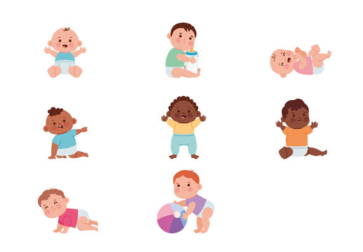 Colorful Babies Cute Happy Toddler Children Illustrations Set