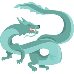 Pixel Art Sea Serpent Dragon Creature with Aqua and Teal Tones Coiled Pose Fierce Expression White Background