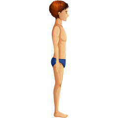 Fototapeta premium Pixel Art Side Profile Full Body of a Young Man Wearing Blue Swim Trunks Against a Transparent White Background with Brown Hair and Fair Skin