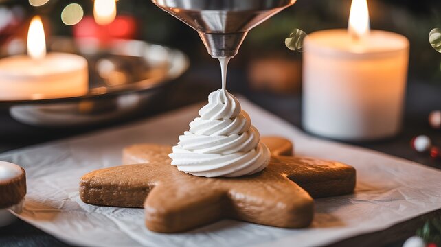 Close-up of hands decorating a delicious gingerbread man cookie with white icing, creating a festive holiday treat. Perfect for Christmas baking, homemade desserts, and seasonal joy. - Powered by Adobe