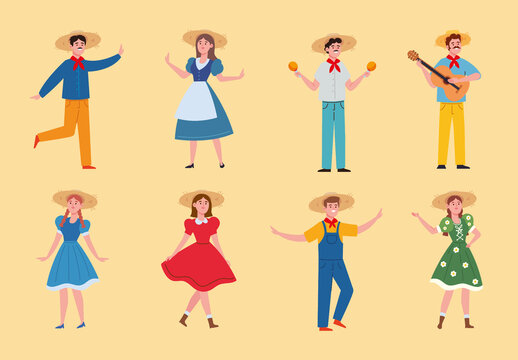 Colorful Festa Junina People Dancing Music Illustrations Set