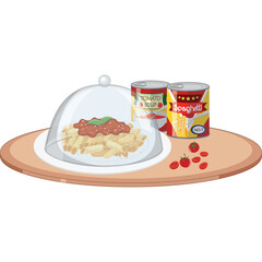 Pixel Art Pasta Dish Under Glass Dome Next to Two Canned Spaghetti Containers and Fresh Tomatoes on a Round Wooden Platter Isolated on White Background