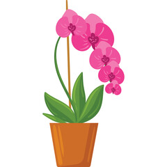 Pixel Art Pink Orchid Flower With Green Leaves In A Terracotta Pot On A Transparent Background Detailed Vector Illustration