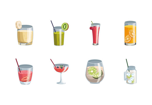Colorful Fruit Juice Smoothie Summer Beverage Illustrations Set