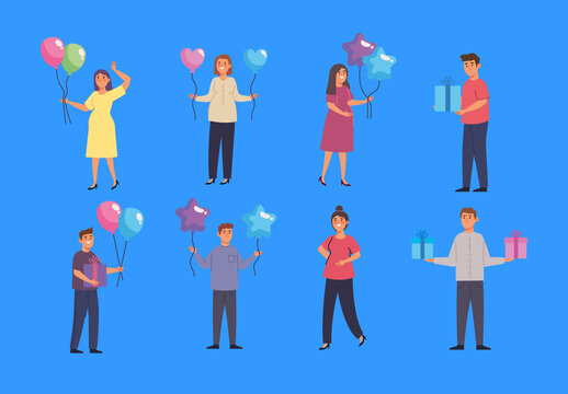 Colorful Gender Reveal Party Pregnant Celebration Illustrations Set