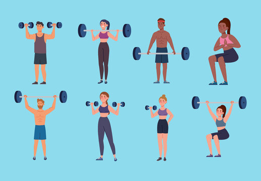Colorful Fitness Gym People Exercise Illustrations Set