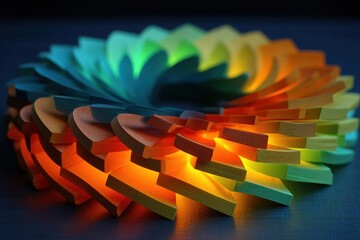 Colorful Wooden Shapes Arranged in Spiraling Pattern with Glow