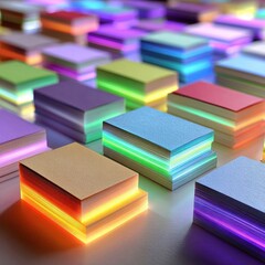 Colorful Stacked Cards with Glowing Edges in a Creative Display