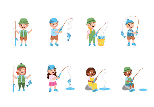 Colorful Kids Fishing Outdoor Summer Activity Illustrations Set