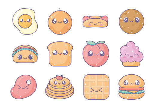Colorful Kawaii Food Cute Character Illustrations Set