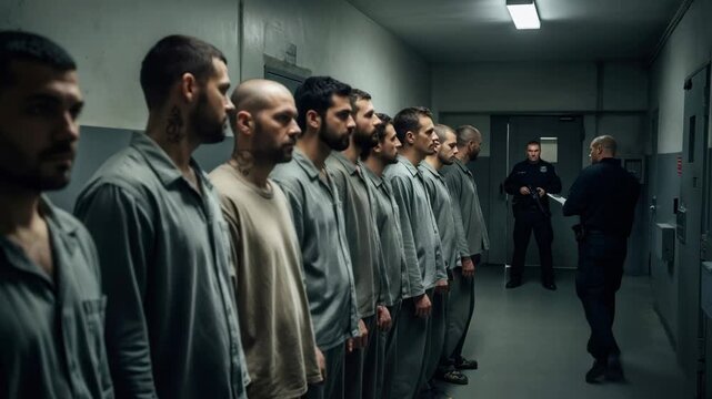 Men inmates in grey uniforms standing in line as a correctional officer records information during a routine prison check.