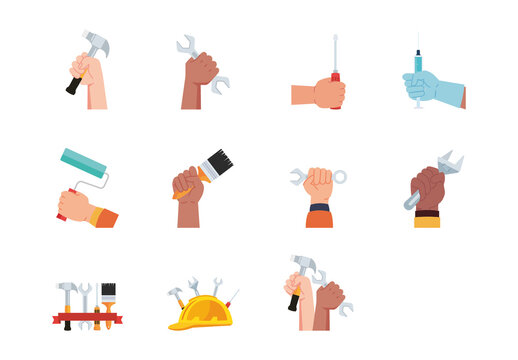 Colorful Workers Tools Hands Labor Day Illustrations Set