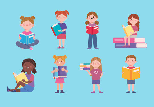 Colorful Kids Reading Cute Cartoon Children Illustrations Set