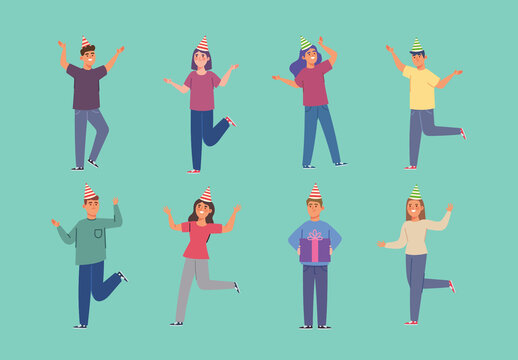 Colorful Party People Celebration Happy Fun Illustrations Set