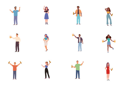 Colorful Party People Celebration Cheers Drinking Illustrations Set