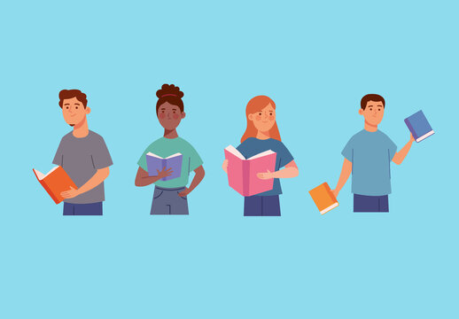 Colorful Reading Book People Student Illustrations Set