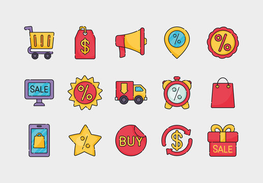 Colorful Sales Discount Shopping Ecommerce Promotion Icons Set