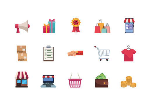 Colorful Shopping Cart Store Ecommerce Business Set