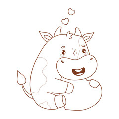 Outline Romantic Happy Little Cow with Heart. Funny Kawaii Animal valentine. Line drawing, coloring book. Vector illustration. Not AI