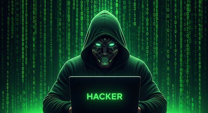 Cyberpunk Hacker Coding with Binary Stream on Laptop