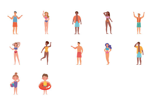 Colorful Summer Beach Vacation Swimsuit People Illustrations Set