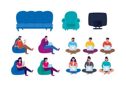 Colorful Stay Home Remote Work People Illustrations Set