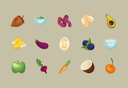 Colorful Superfoods Healthy Vegan Organic Fruits Illustrations Set