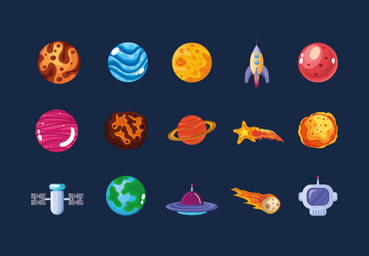 Colorful Universe Space Planets Galaxy Illustrations Set