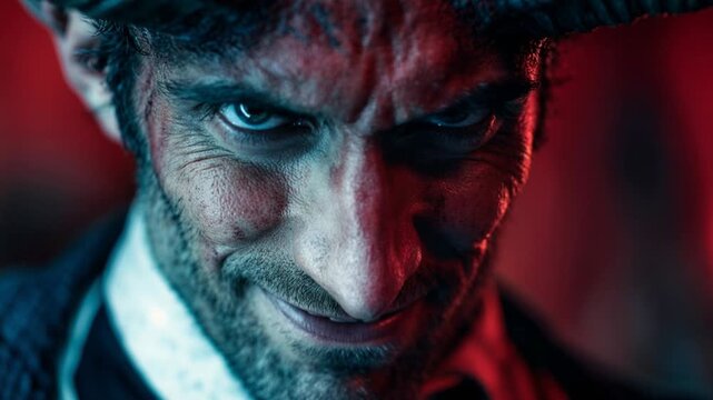 Menacing horned demon boss character with piercing eyes surrounded by dramatic red lighting and dark atmospheric smoke effects. Symbol of dark side of the people smiling