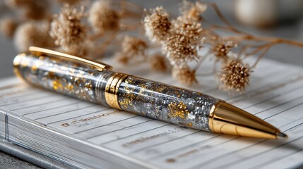 Elegant Gold and Silver Glitter Pen on Stylish Notebook Surface