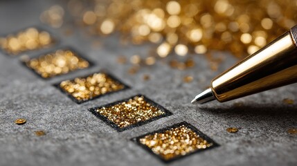 Sparkling Gold Glitter Checkboxes with Pen on Textured Surface