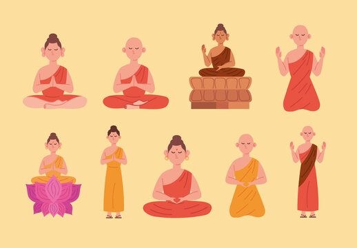 Colorful Waisak Meditation Buddha Illustration Set