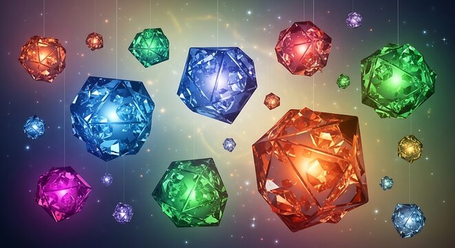 Abstract gems composition with bright polygonal objects arrangement