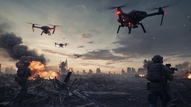 Military drones flying over battlefield with armed soldiers amid explosive fire and destruction depicting modern technological warfare combat operations apocalyptic scenario