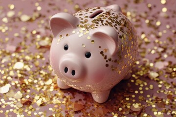 Pink Piggy Bank Surrounded by Glittery Gold Confetti and Sparkles