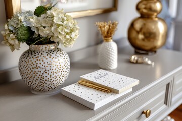 Elegant Home Decor with Flowers and Stylish Stationery Display