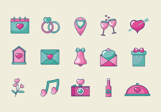 Colorful Wedding Love Romance Celebration Marriage Illustrations Set