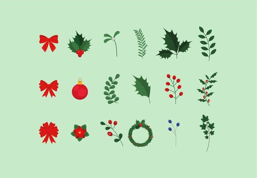 Green And Red Christmas Mistletoe Holly Wreath Leaves Illustrations Set
