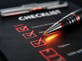 Detailed Checklist with Red Checkmarks and Selected Pen in Focus