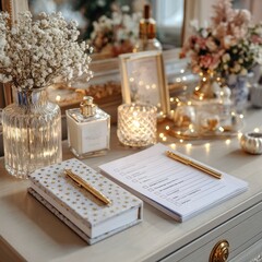 Elegant Workspace Decor with Flowers and Stationery Accessories