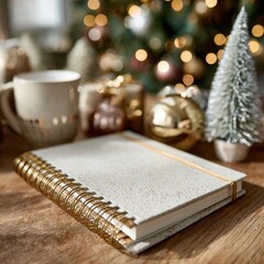 Cozy Holiday Scene with Notepad, Mug, and Festive Decorations