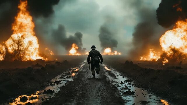 Ambiguous soldier marches through blazing ruins with smoke and flames