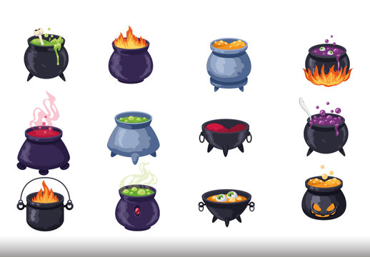 Multicolor Halloween Witch Cauldron Magic Potion Illustrations Set