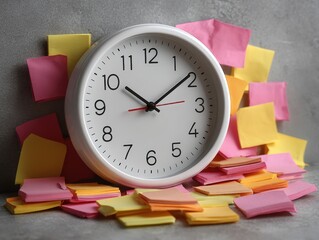 White Wall Clock Surrounded by Colorful Sticky Notes on Gray Surface