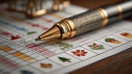 Elegant Pen on Colorful Checklist with Festive Illustrations