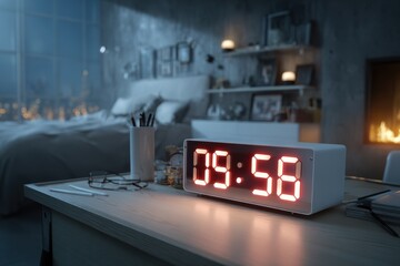 Modern digital clock displaying time in cozy bedroom setting