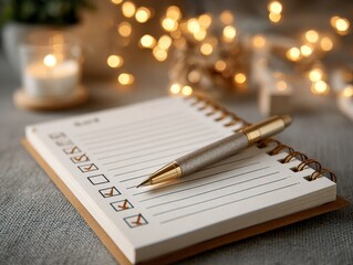 Cozy Notebook and Pen with Bokeh Lights for Festive Planning