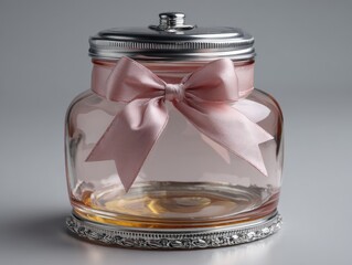 Elegant glass jar with silver lid and pink ribbon bow decor