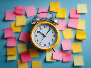Vintage Alarm Clock Surrounded by Colorful Sticky Notes on Blue Background